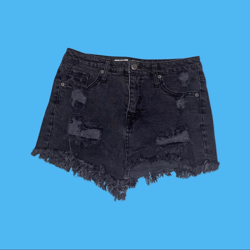 Black distressed high rise Mossimo denim shorts. Size 8/29.